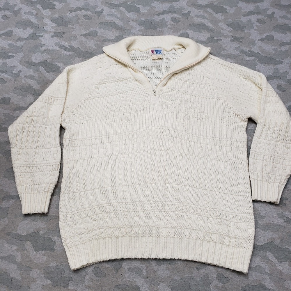 Vintage College Town Sweater Womens Large Beige Quarter Zip Textured Long Sleeve